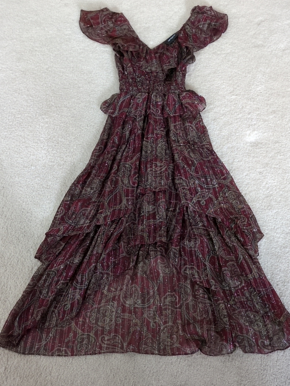 The Kooples Hi/Lo Burgundy Paisley Ruffled Maxi Dress